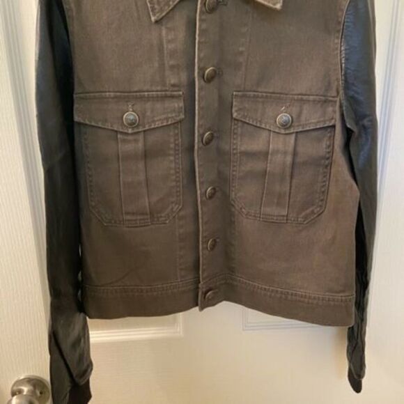 Free People Olive Green Denim Jacket Black Faux Leather Sleeves Women's Size XS - Picture 3 of 9